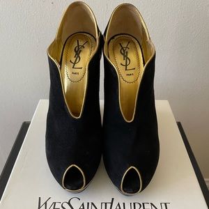 AUTHENTIC YVES SAINT LAURENT, SIZE 37, SUEDE RUNWAY PEEP-TOE WEDGES